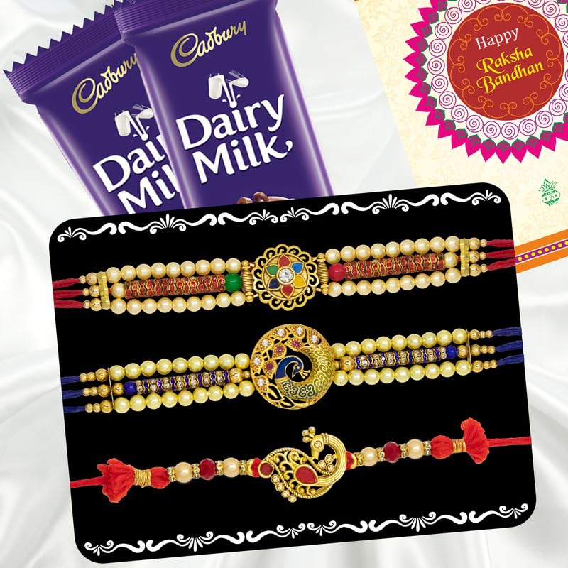 Image of Canton Rakhii Gift for Brother with Chocolate - Designer Rakhi for Brother with Cadbury Gift Hamper Pack, Roli Kumkum & Greeting Card (Design-9, 3 Rakhi + Cadbury)