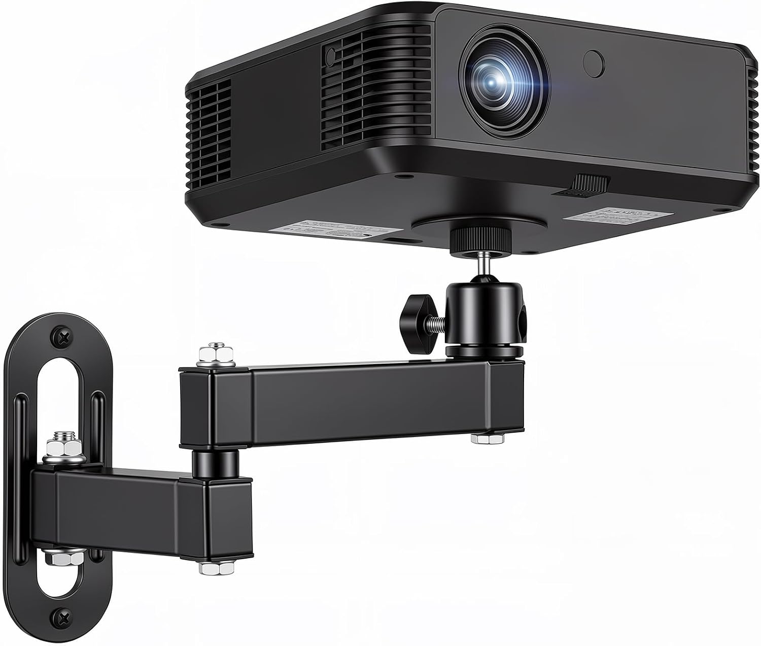 CroBlissful Foldable Projector Wall Mount, Universal 360° Adjustable Ceiling/Wall Bracket with 1/4" Ball Head, Two Arms, Black