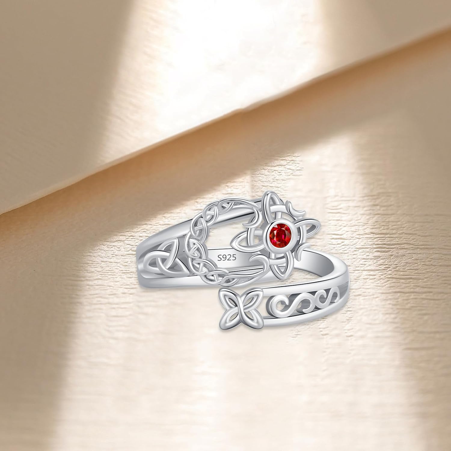 Hecate Triple Moon Witches Knot Ring for Women 925 Sterling Silver Moonstone Gemstone Celtic Pentacle Rings Adjustable Open Hekate Wiccan Witchy Magic Amulet Jewelry Gifts