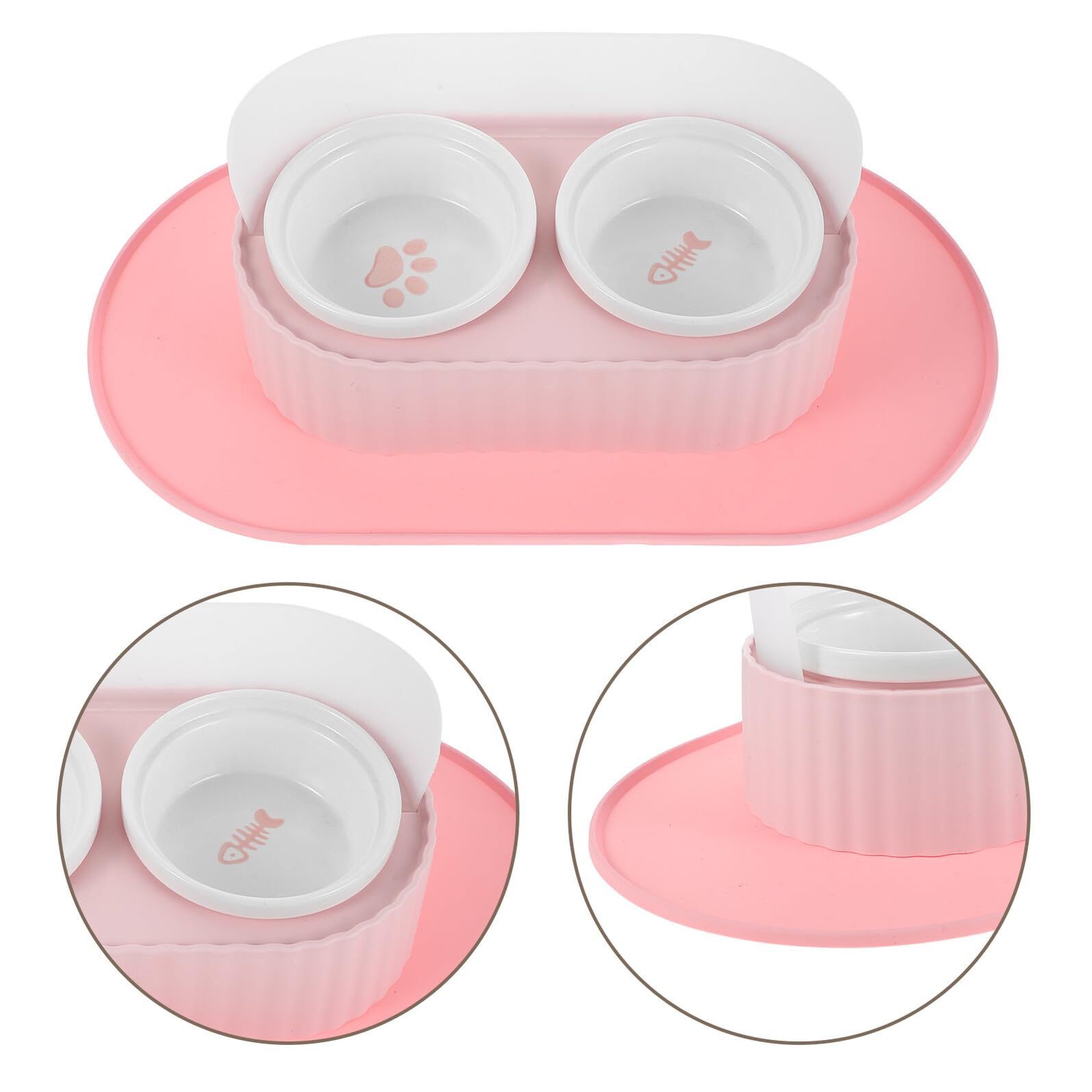 Lurrose Gamelle Surélevée pour Chat en Céramique 350 ML Double Bol avec Support Antidérapant et Tapis Imperméable pour Nourriture et Eau Bol pour Chat en Céramique Ensemble 1 Pièce