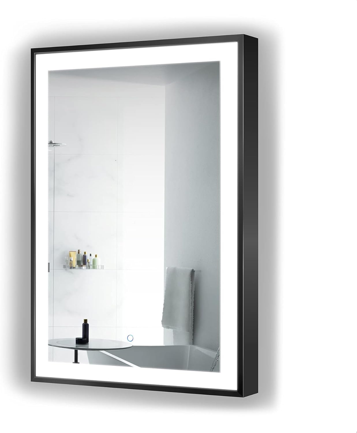 Krugg | Soho LED Bathroom Framed Mirror | Lighted Vanity Mirror Includes Dimmer & Defogger | Wall Mount Vertical or Horizontal Installation (Black, 24Wx36L)