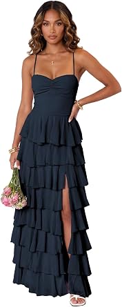 Chiffon Tiered Prom Dresses with Slit Spaghetti Straps Ruffle A Line Formal Dress with Slit OE178
