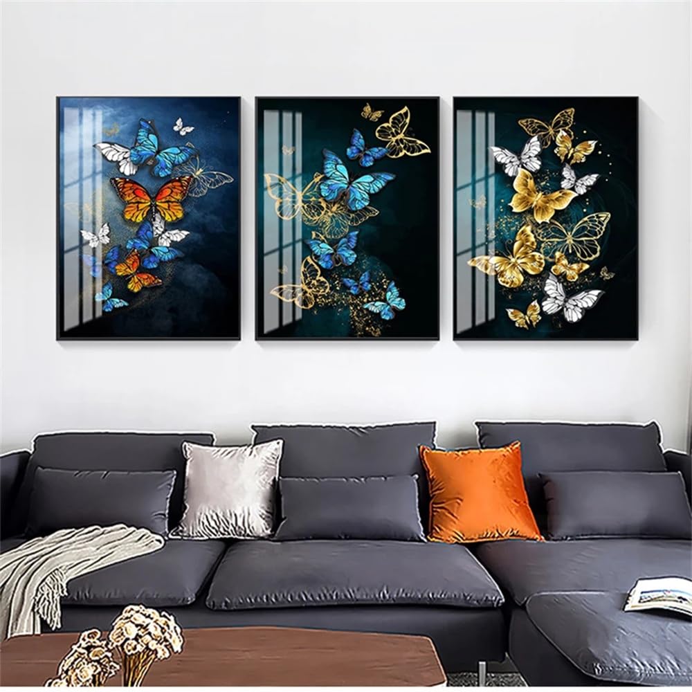 WUHBCZ Wall Posters-Yelloow Butterfly Print Posters Abstract Golden Blue Butterfly Wall Art Modern Wall Pictures Artwork for Living Office Home Room Decoration-40 * 60cm/3PCS (No Frame)
