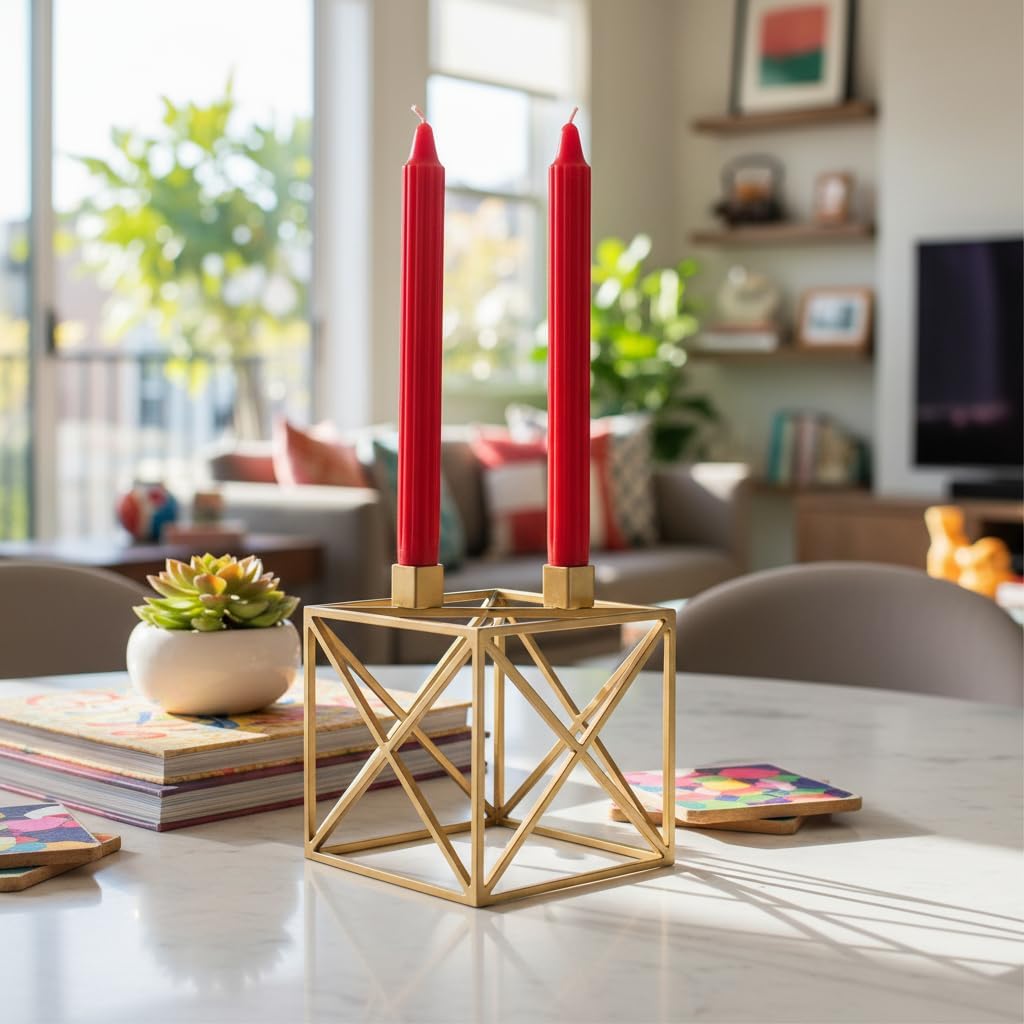 Set of 8 Doric Fluted Decorative Candles, Colour Idian Red - Duration 8 Hours - Diameter 2.2 cm, Height 25 cm