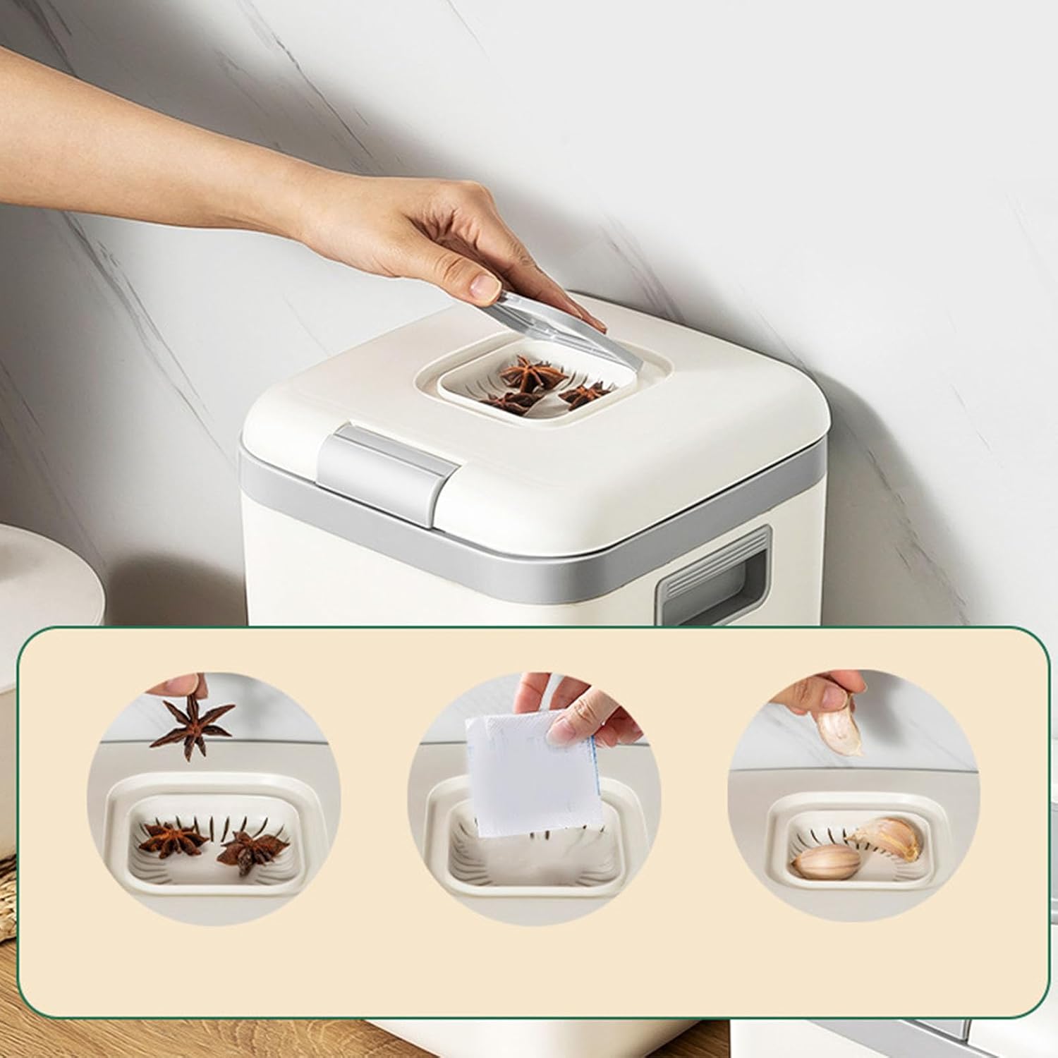 Rice Storage Container, 8.5 x 7.1 x 8.5in Dry Food Container with Lids Pet Food Dispenser Sealed Food Storage Bin for Grain Cereal Rice Flour Soybean Corn, Kitchen Countertop Organ