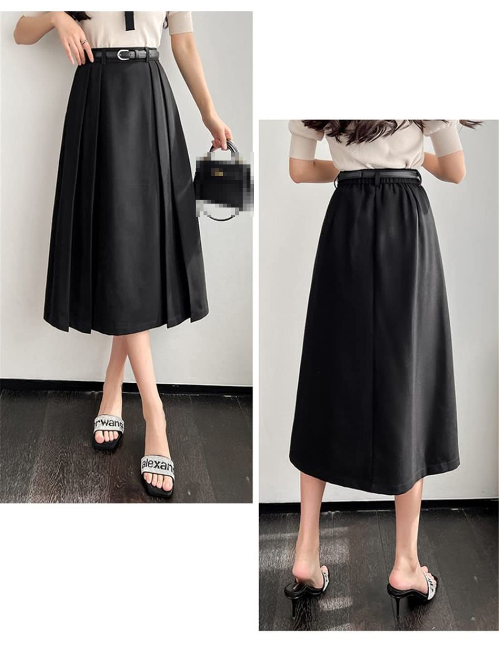 Dninmim Gonna lunga a pieghe da donna a vita alta con cintura a pieghe estiva casual tinta unita, Nero , L