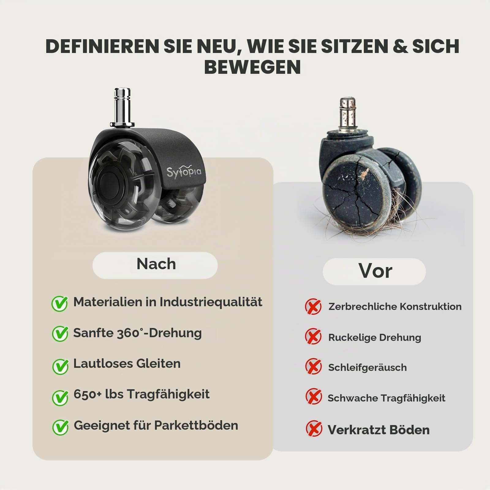 Glatte Gummi Bürostuhl Rollen, 5er Set Rollen für Bürostühle, Hartbodenrollen für Bürostuhl Stuhlrollen Ersetzen Bodenschutzmatte, Leise und Weiche Stuhlrollen mit 11x22mm (Nicht für 1KEA), Schwarz