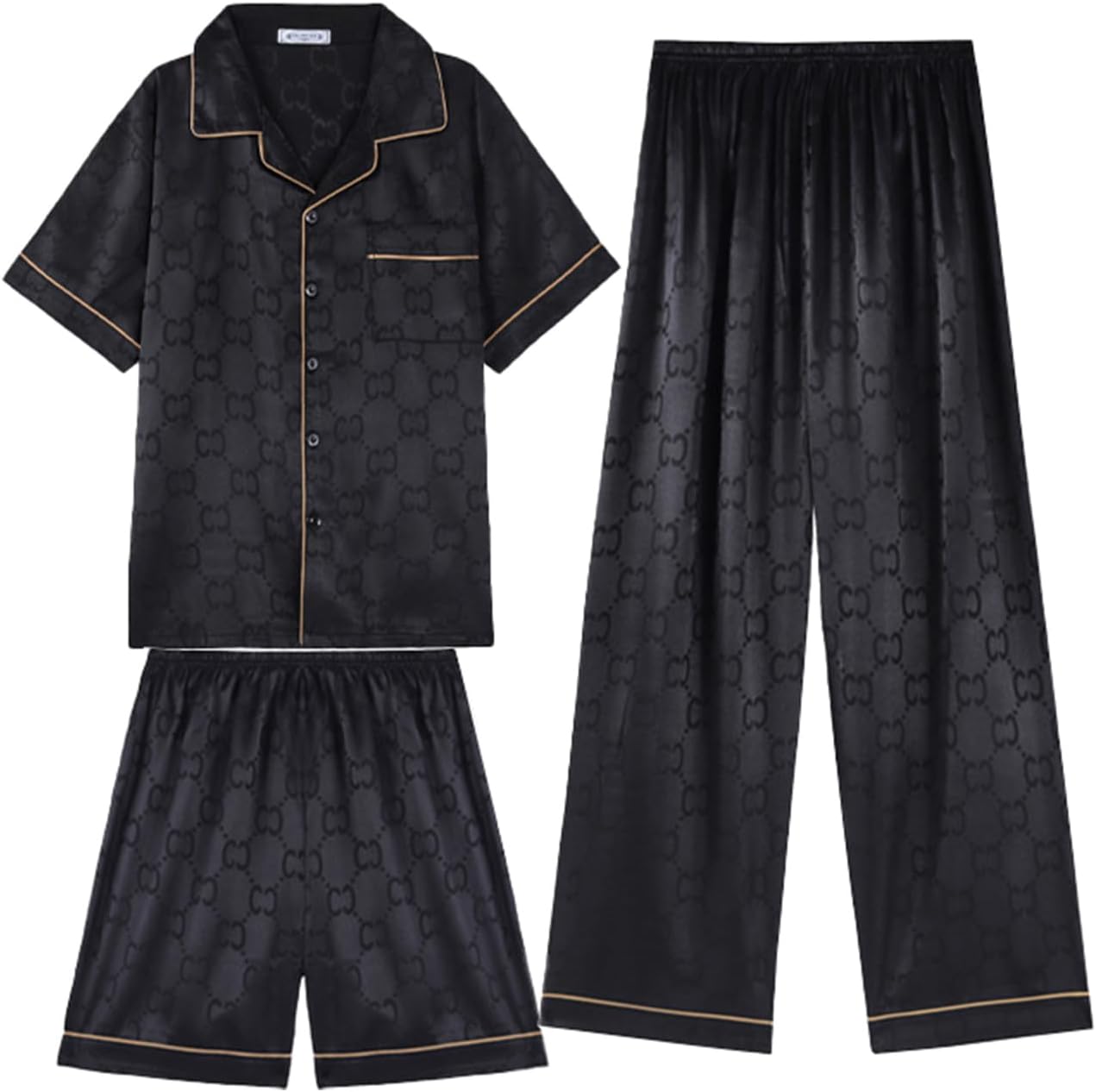Men's 3-Pcs Pajamas Set Extra Plus Size Satin Pjs Set Men's Short-Sleeved Shorts Loungewear 50-150KG