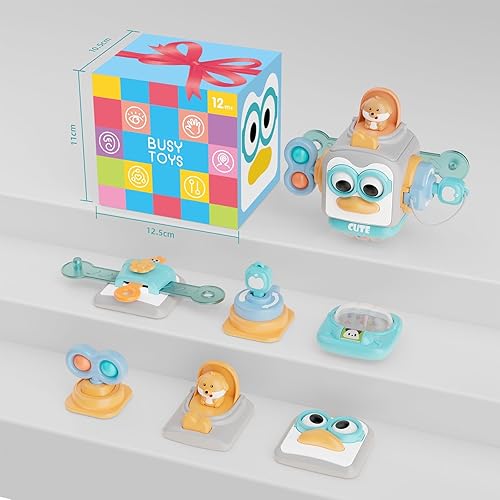 Miniatura 12 de Juguetes Montessori para niños de 1 año, juguetes sensoriales para niños de 1 a 3, actividades de viaje para bebés, cubo de tablero ocupado, Azul