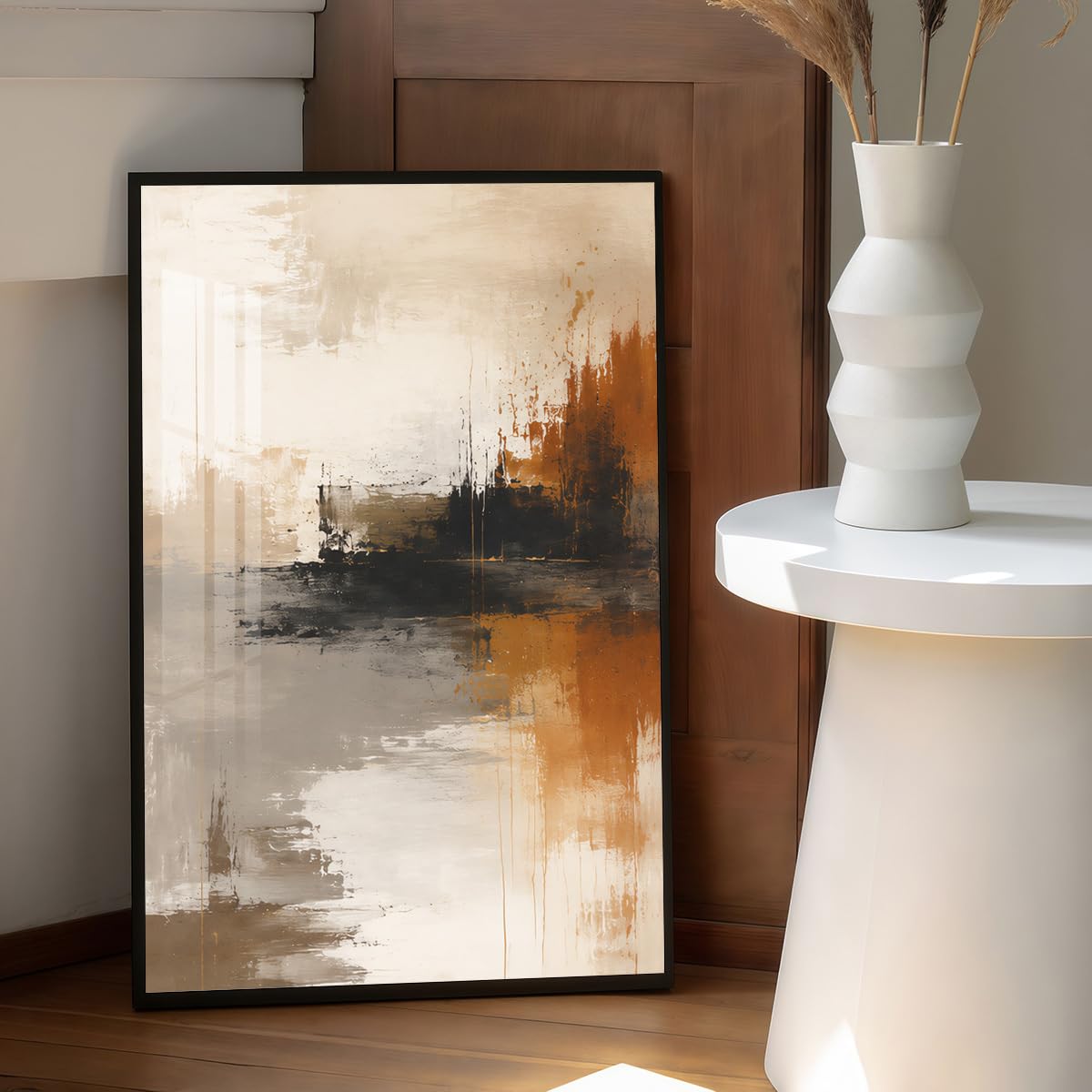 Jianghu Art Tableau abstrait moderne encadré beige et noir, cadre vertical adapté au salon (70 x 110 cm (28 x 43 pouces)