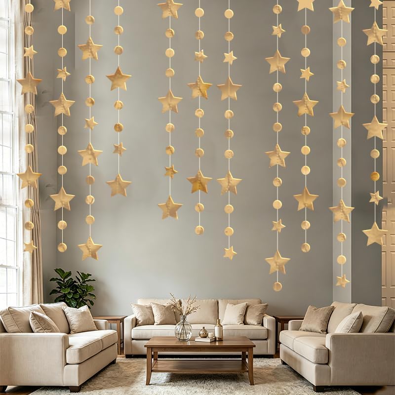 3 Pack Champagne Star Dot Hanging Garlands, 39ft Champagne Star Dot Garland Decor, Glitter Ceiling Hanging Decorations for Birthday, Wedding, Baby Shower, Christmas Party Supplies