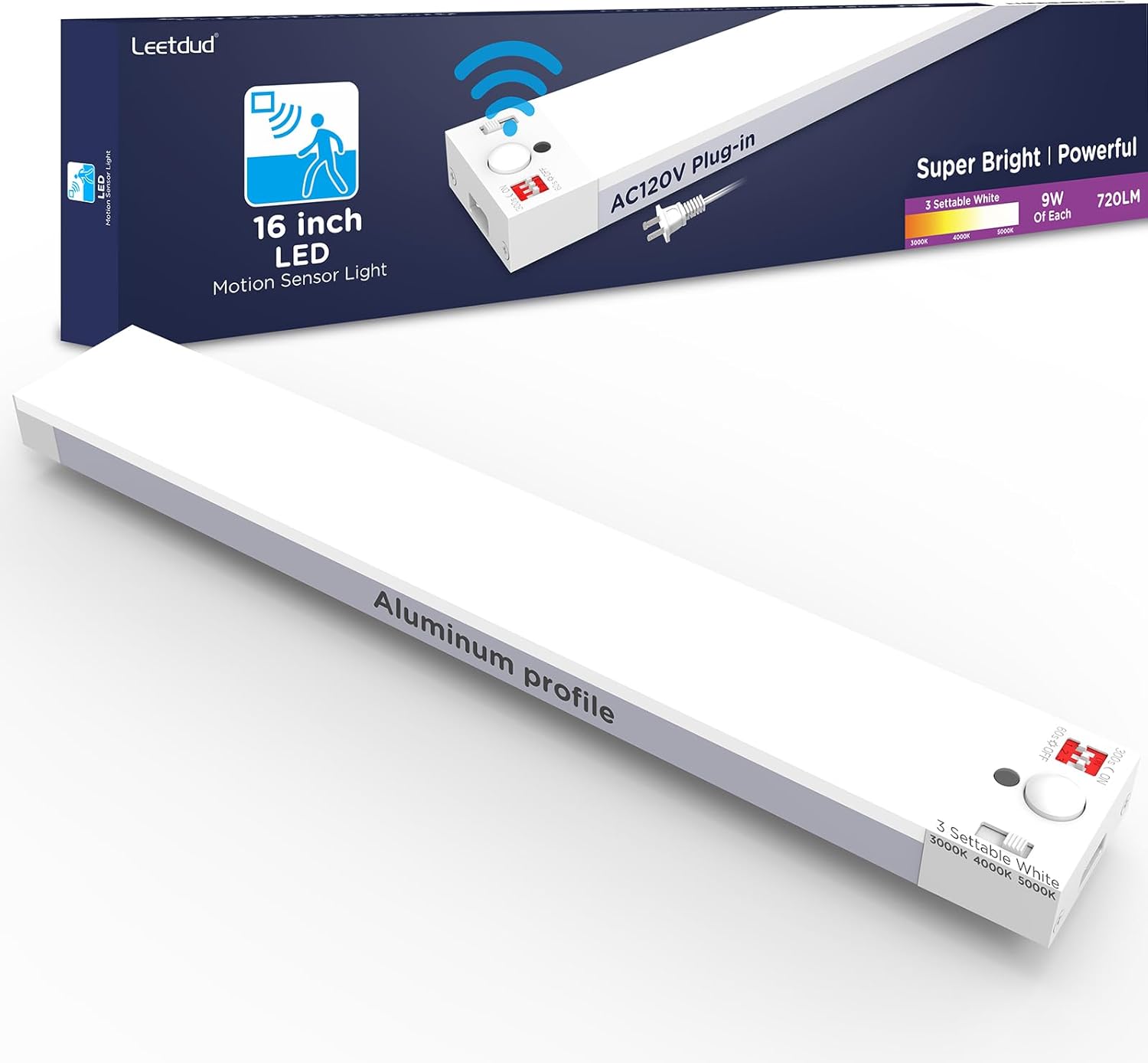 Leetdud Under Cabinet Lighting Plug in 16 Inch, 120V Motion Sensor Lights Indoor, 3CCT 3000/4000/5000K, Aluminum Linkable Super Bright LED Counter Light with Timer for Kitchen, Shelf, Closet, 1 Pack