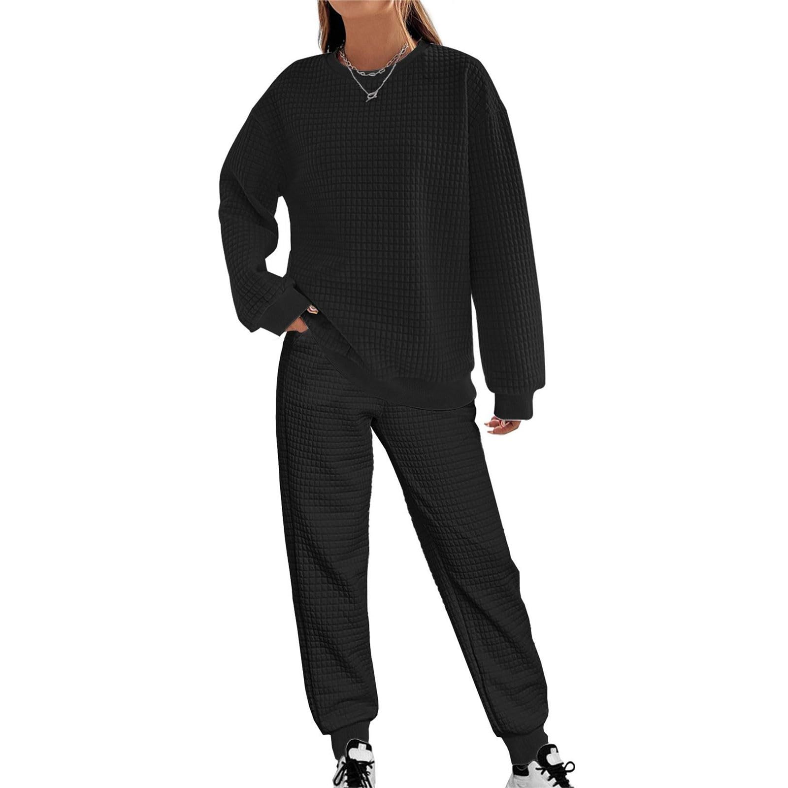 Ensemble de pyjama 2 pièces à carreaux pour femme | Haut à manches longues et col rond et pantalon de pyjama douillet uni élastique