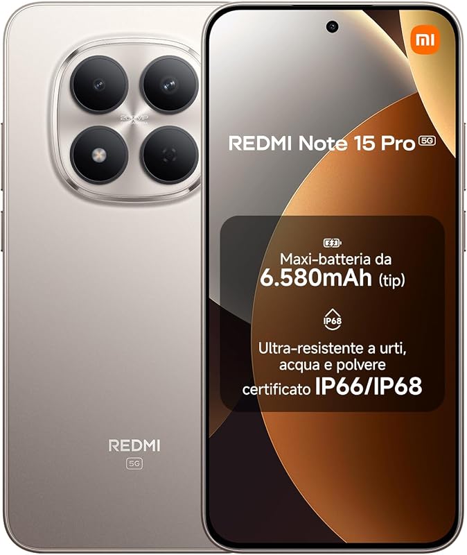 XIAOMI Redmi Note 15 Pro 5G, Smartphone 8+256GB, Batteria massiccia da 6580 mAh, IP66/IP68, Nuova fotocamera 200 MP, Display AMOLED da 6,83", Titanio, Garanzia 2 anni, Caricatore non incluso
