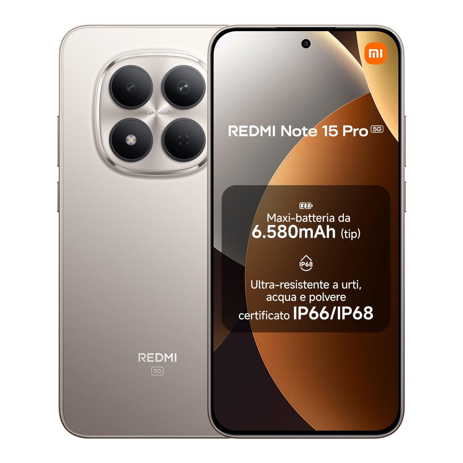 XIAOMI Redmi Note 15 Pro 5G, Smartphone 12+512GB, Batteria massiccia da 6580 mAh, IP66/IP68, Nuova fotocamera 200 MP, Display AMOLED da 6,83", Titanio, Garanzia 2 anni, Caricatore non incluso