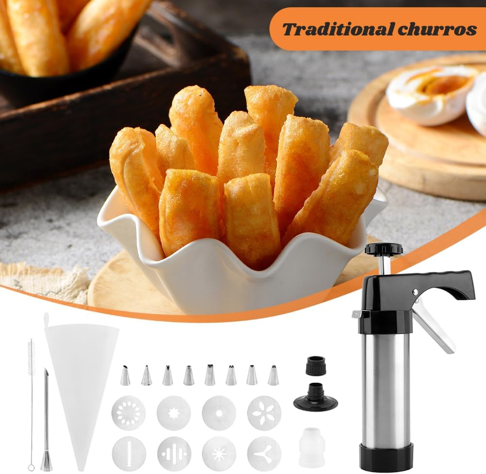 Churro Maker Machine, Churro Making Kit Stainless Steel Churro Gun Kit Piping Bag Churros Filler Churro Press with Piping Bag, Churro Filler, 8 Cookie Discs and 8 Tips, 2 Brushes, Easy to Clean