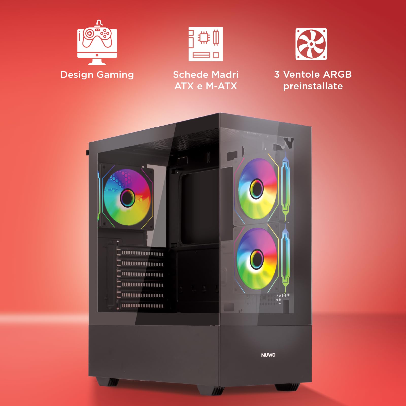 Nuwo Clash CK500 | Case PC Gaming ATX Mid Tower | 3 Ventole ARGB 120mm | Pannello Frontale e Laterale in Vetro Temperato Senza Cornice | Nero