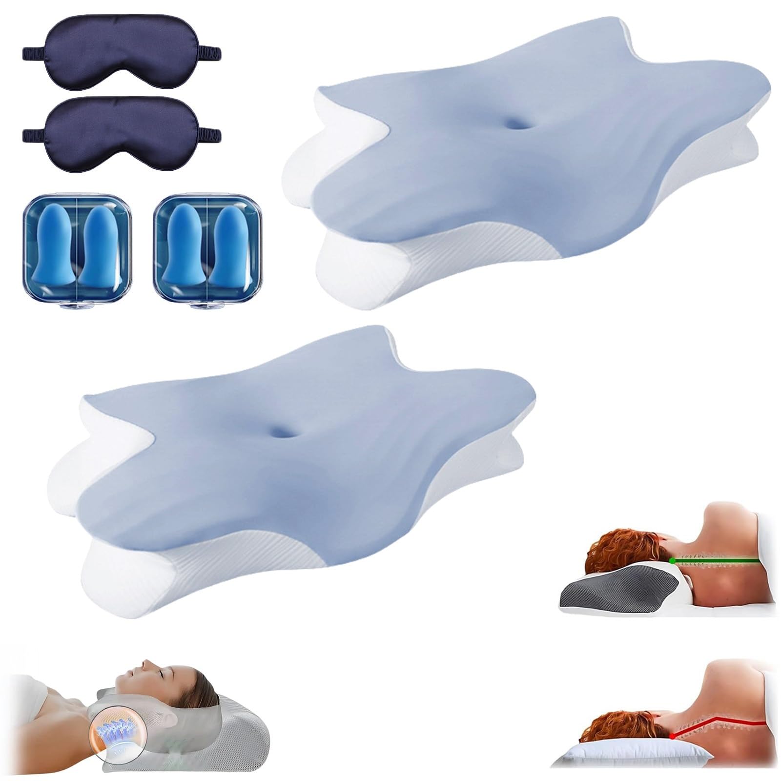 Ergo Pillow Sleep Apnea, Anti Snoring Ergo Pillow with Cooling Pillowcase, Ergonomic Cervical Orthopedic Pillows for Side, Back & Stomach Sleepers, Relieve Neck and Shoulder Pain(Blue,2Pcs)