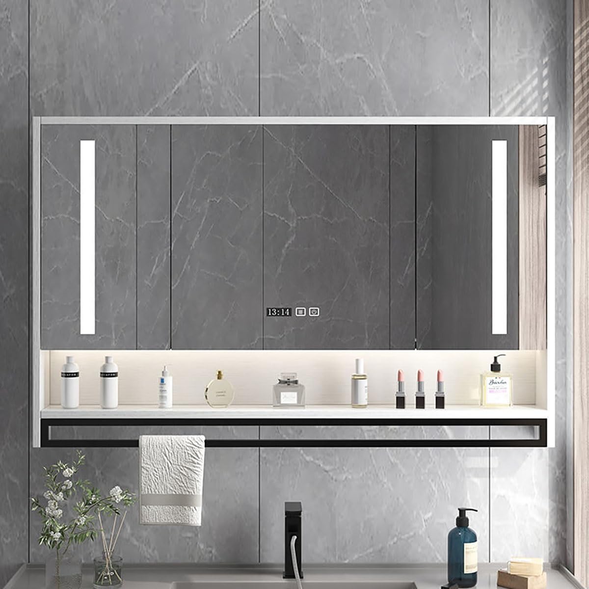 Specchio Espejo de baño con iluminación LED, almacenamiento, botón antivaho, Espejo de maquillaje, diseño Moderno en Blanco, 70 x 12 x 75 cm, solución Elegante y funcional para El baño.