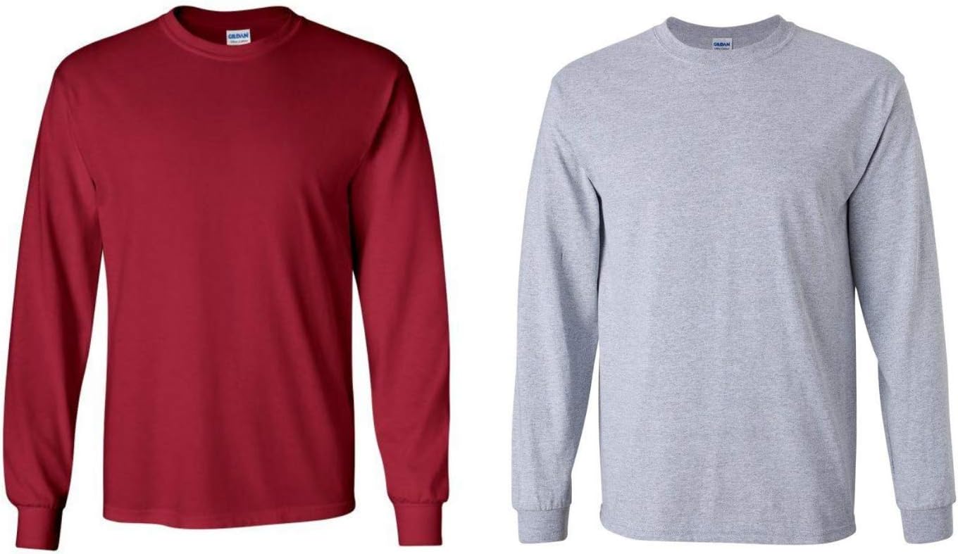 Gildan Men's Ultra Cotton Long Sleeve T-Shirt, Style G2400 Medium Cardinal Red/Gray