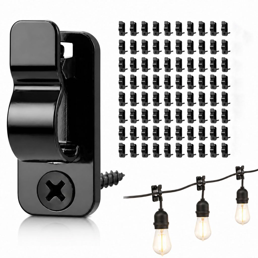 ENNJING 80 Pack Outdoor String Light Clips Screw-in Hooks, Fence Hooks for Outdoor Lights, Black Fairy Light Hooks, Fence Panel Clips, Cable Hangers for Garden, Patio, Festoon & Christmas Lights