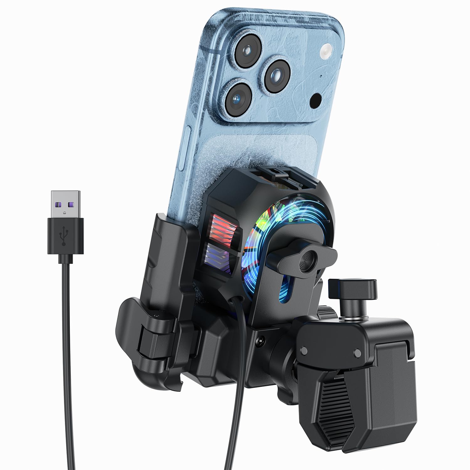 Fahrra - Supporto per cellulare da moto con ventola a semiconduttore, impermeabile IPX7, supporto per manubrio a 360° per biciclette, scooter e ATV, adatto per smartphone da 5,4" a 7,2"