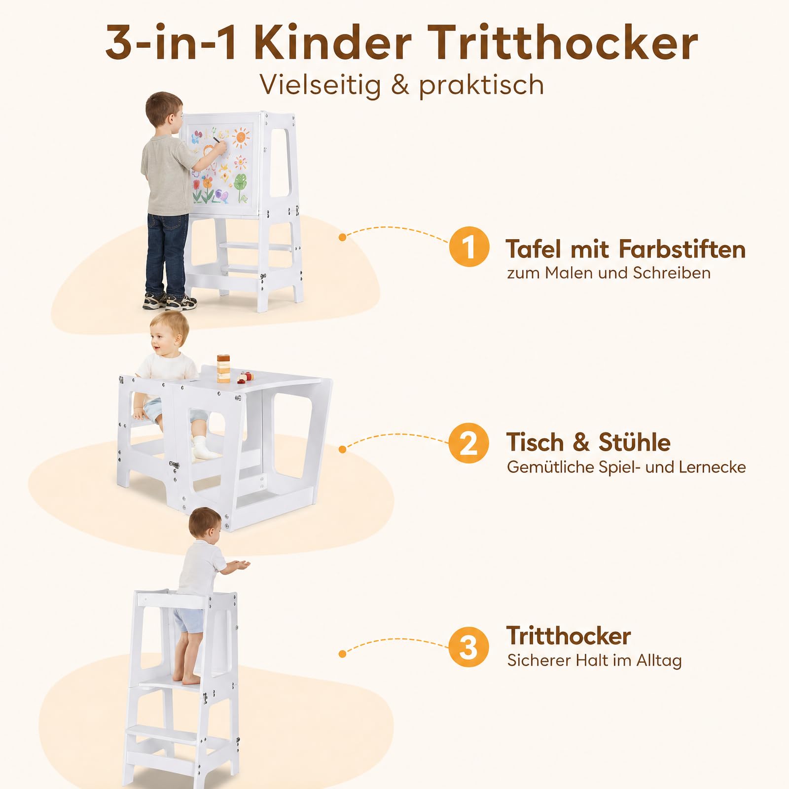 Lernturm ab 1 Jahr, Klappbarer Learning Tower mit Tafel & Stifte-Set | 3 in 1 Learning Tower für Kinder, 50kg Belastbar Trittschemel, Multifunktion Montessori Entdeckerturm für Küche & Bad