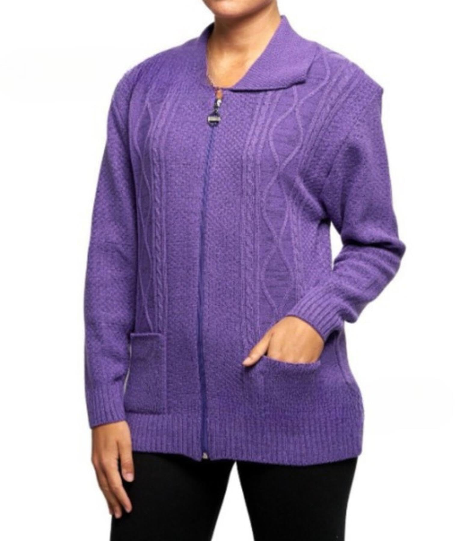 Wickedfashions123 Women's Purple ’S Cable Knitted Collared Sweater Front Pocketed Cardigan Long Sleeves Winter Wear Zipper Cardigan Classy Knitwear Plus Size Sweater Uk 20-22