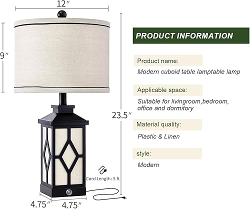 Miniatura 7 de Juego de 2 lámparas de mesa de granja de 23.5 pulgadas para dormitorio, sala de estar con control táctil regulable de 3 vías, lámpara vintage para