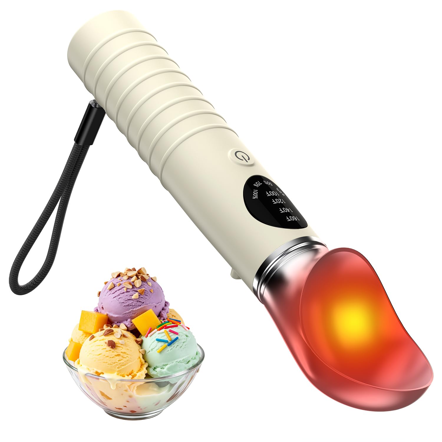 Cuillère à Glace Électrique, WADEO Cuillère à Crème Glacée Chauffante avec Écran LED, 4 niveaux de Chaleur 40-70°C & Étanche IP67, Tête Amovible Cuillère à Glace pour Prélever Facilement Glace Dure