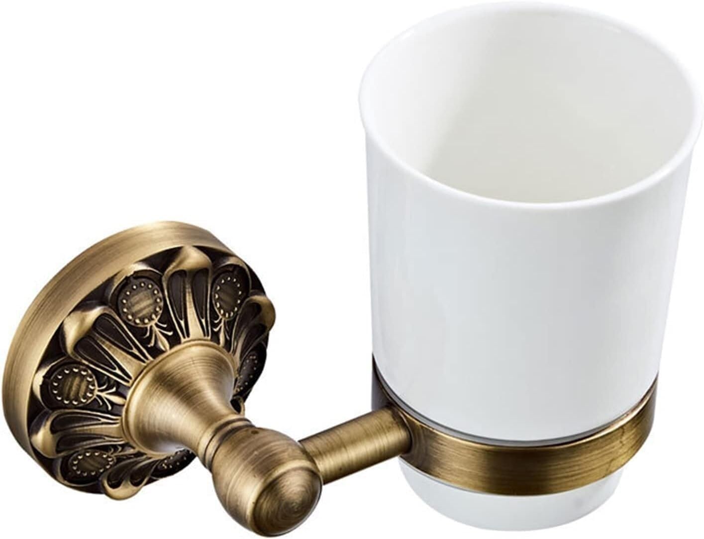 ERERE Wall-Mounted Brass Toothbrush Holder with Ceramic Cup, Antique Finish, Space-Saving Bathroom Organizer