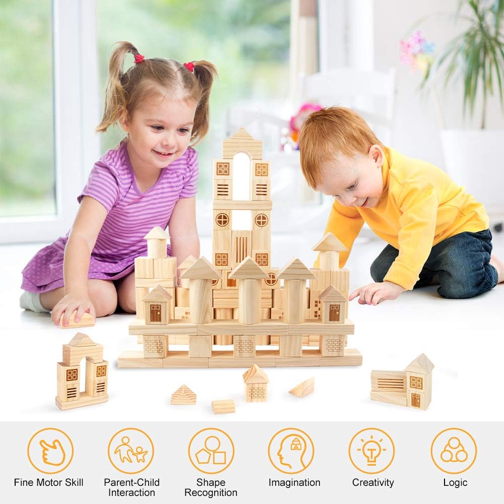 VATOS Solid Pine Wooden Building Block Set for Kids, 75PCS Stacking Wooden Building Blocks Toys for Toddlers Kids Age 1 2 3 4 5 6+ Years Old, STEM Educational Montessori Toys for Boys and Girls Gift