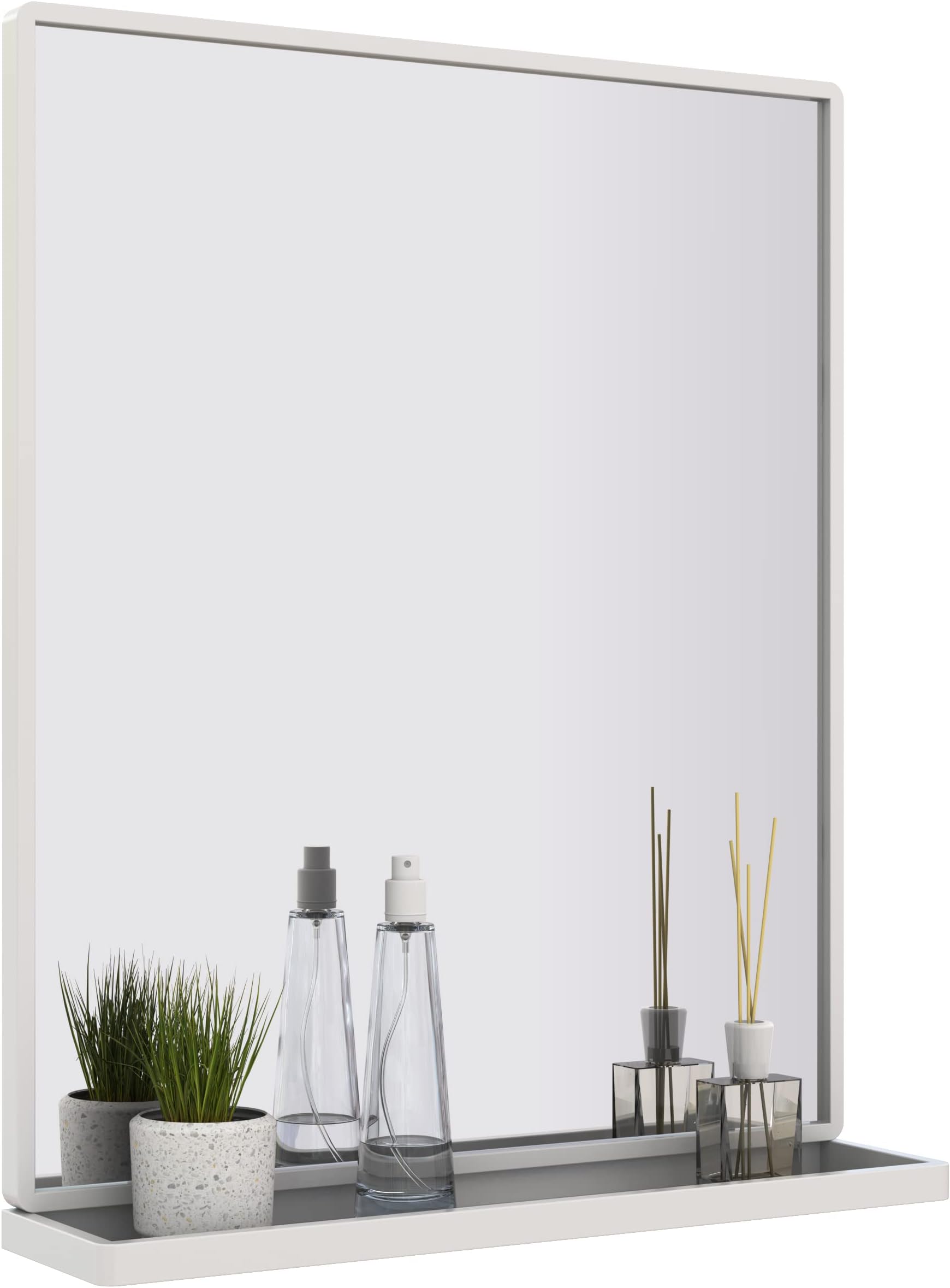 WONSTART White Bathroom Mirror with Shelf, Rectangle Wall Mirror Metal Frame, Hanging Horizontal or Vertical (24'' X 20'')