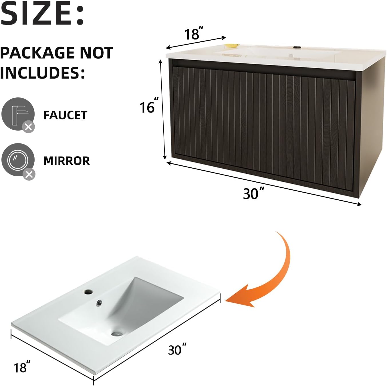 30 Inch Bathroom Vanity Cabinet with Sink - Floating Cabinet Single Drawer & Hidden Soft-Close Slide Rails, Ceramic Basin, Mid Century Modern Style, Wood Grain Finish (Black)