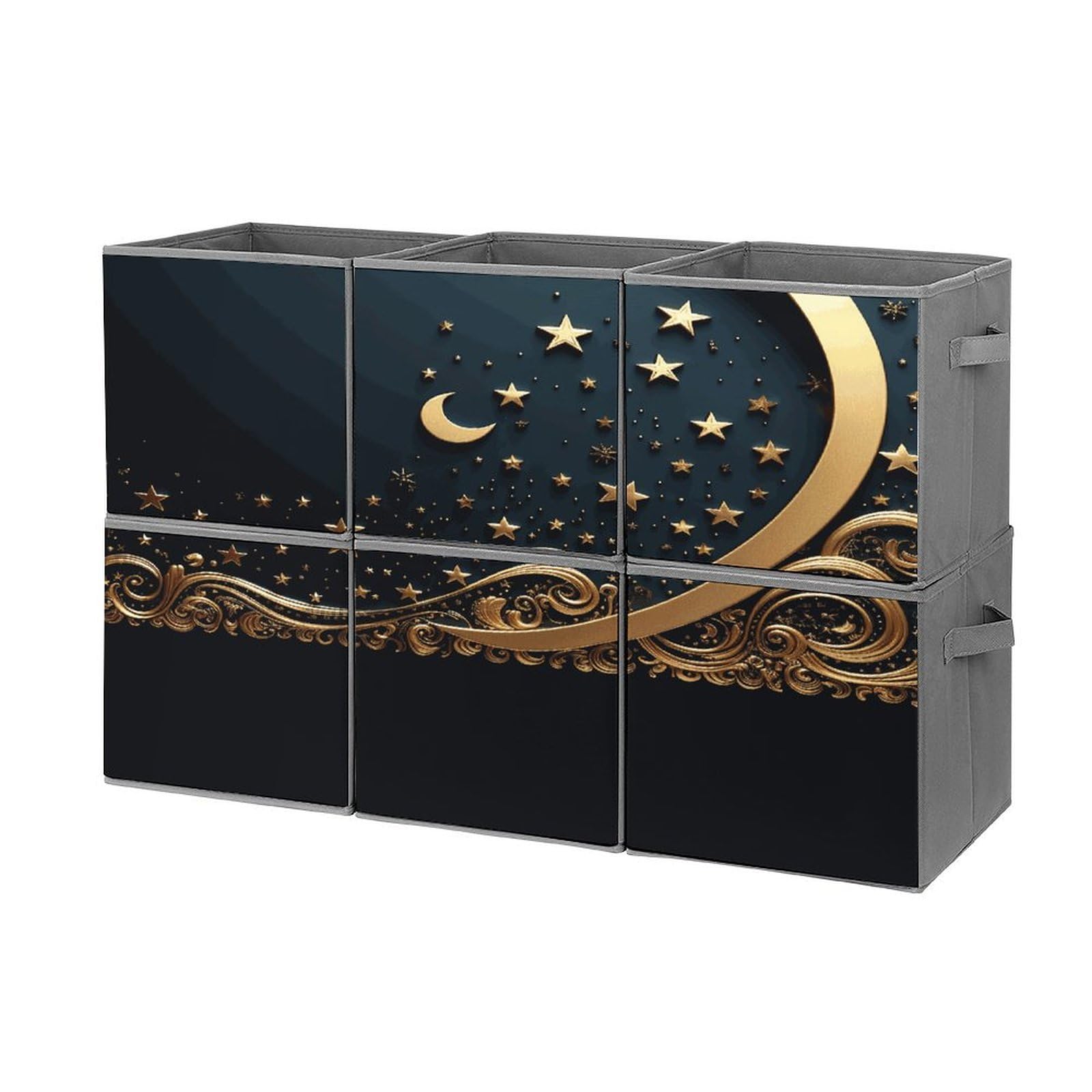 Fekiloot Style Golden Background And Crescent Moon Storage Bin For Foldable And Handles,Closet Organizer Of 6-Pack Stackable,Storage Box For Living,Room, Office,Bedroom,Closet
