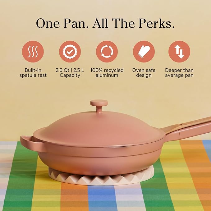 Made from patented aluminum, the Always Pan 2.0 offers efficient heat distribution for consistent cooking results. Its 10-in-1 functionality encompasses multiple uses, including steaming, straining, frying, sautéing, boiling, and more, effectively replacing several traditional kitchen items. The pan is designed to be used on all types of cooktops, including induction, and is safe for oven use up to 232°C (450°F), offering added versatility for a wide range of cooking methods.