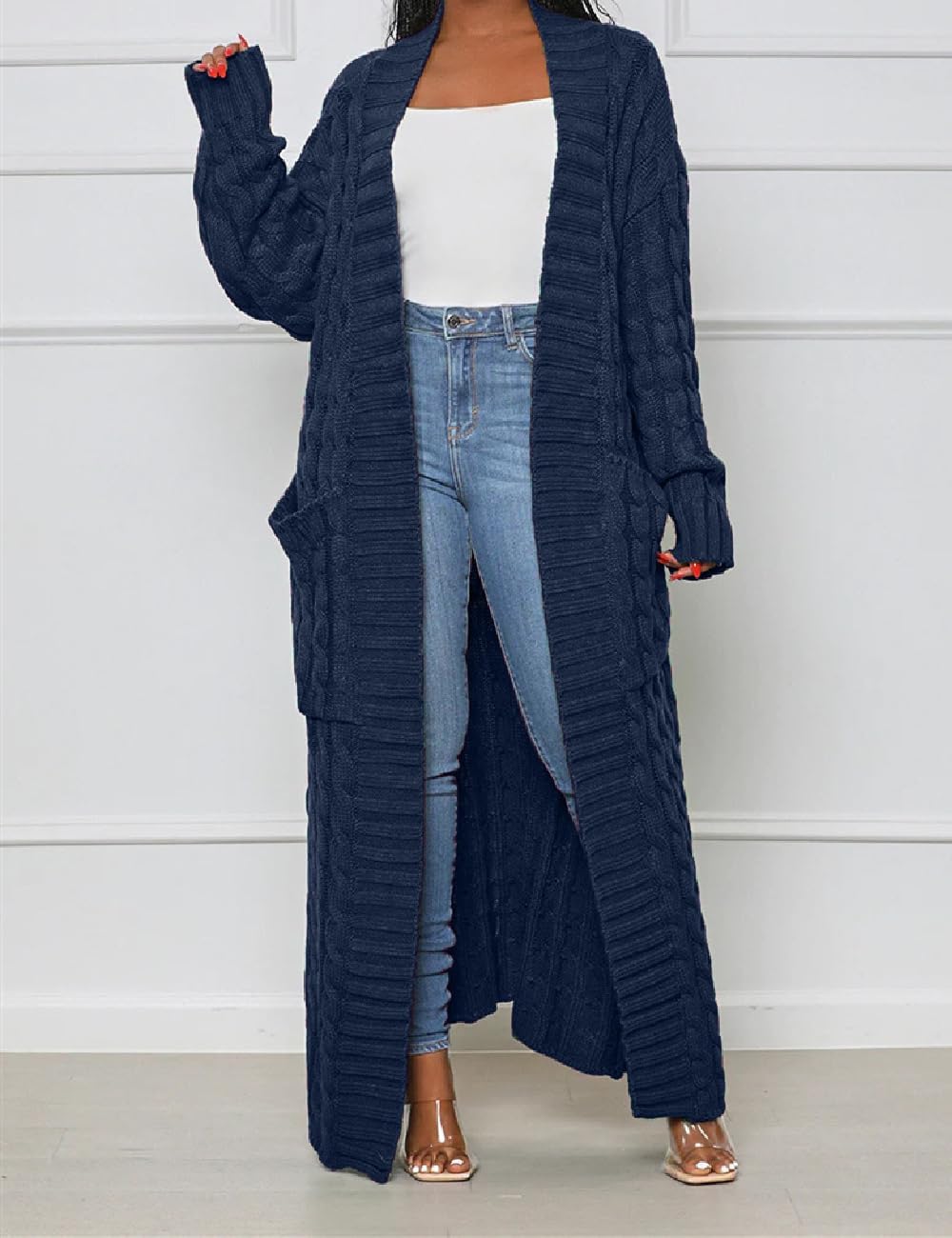 A ADILACA Women's Thin Type Stylish Cable Knit Cardigan with 2-Pockets, Women's Extra Long Ankle Length Sweater - Image 5