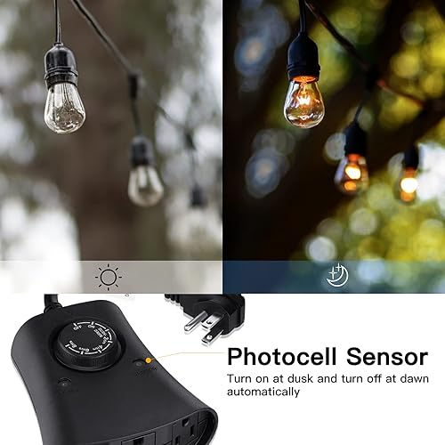 Miniatura 2 de Outdoor Timer Outlet with Remote, Plug in Timer, Dusk to Dawn Light Timer Switch, Electric Timer with 3 Grounded Outlets for Outdoor String Lights,