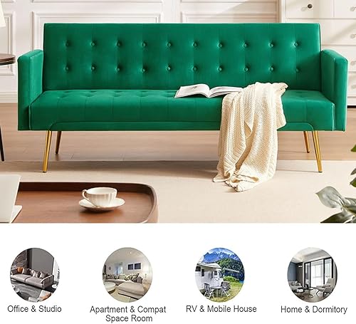 Miniatura 6 de Moderno sofá cama futón de terciopelo, sofá cama convertible con patas de metal, respaldo ajustable tapizado, asiento reclinable copetudo para