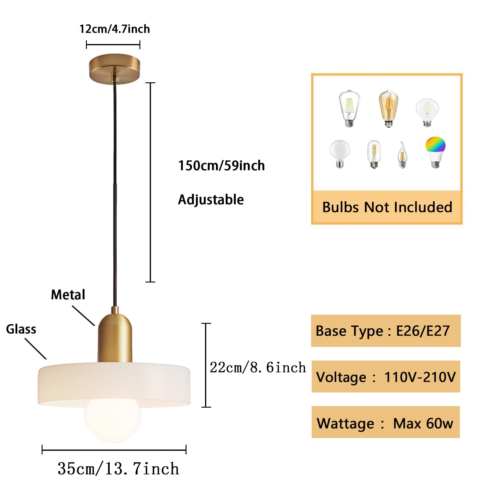 EKSED Lámpara Colgante Vintage de Vidrio con Base E27, Lámpara de Techo Ajustable, Ideal para Sala de Estar, Dormitorio, Cocina (Blanco, 35cm)