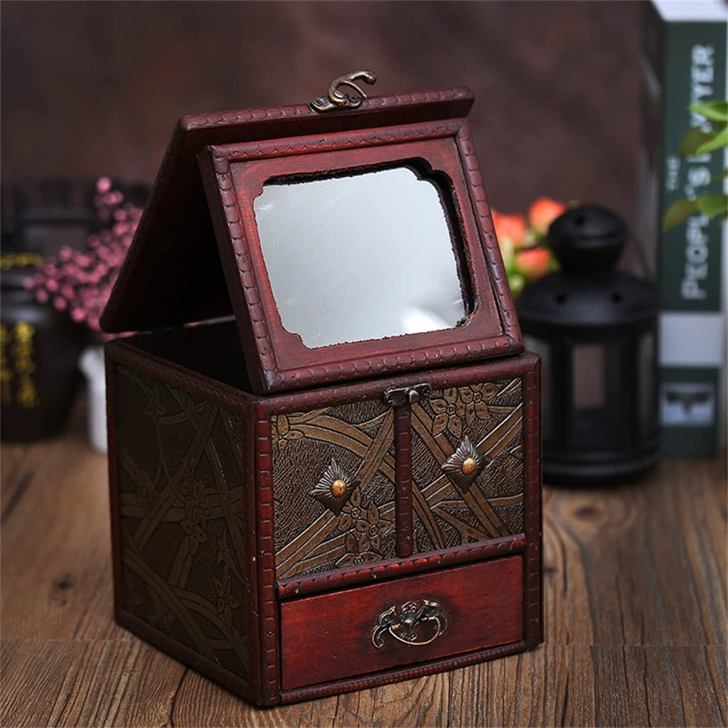 Boîte de rangement bijoux miroir bois tiroir gravé portable et compact