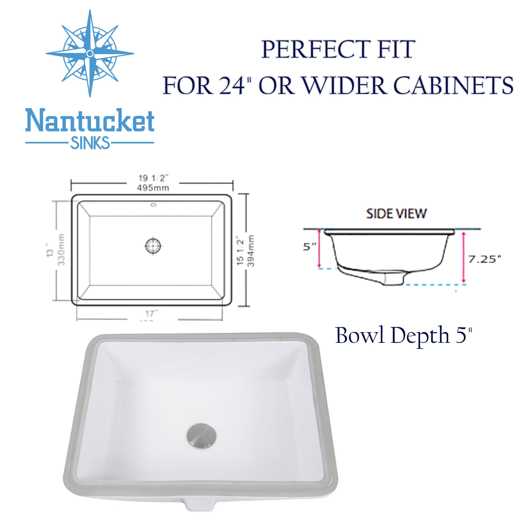 Nantucket 17" Undermount Ceramic Bathroom Sink UM-17x14-W-K Nantucket Sinks UM-17X14-W-K 洗面所シンク