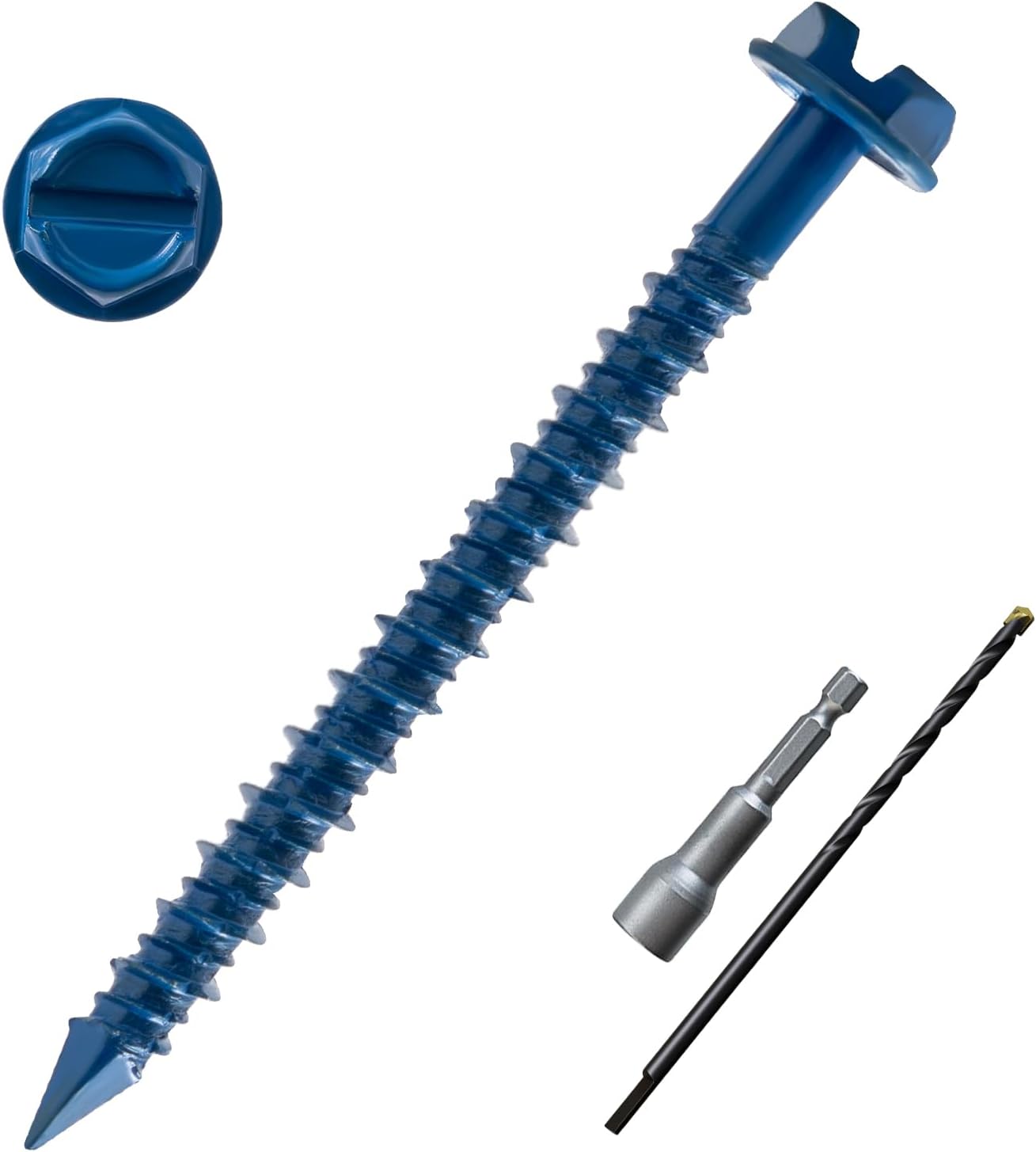 LIONMAXConcrete Screw Anchor, 50-PCS 3/16" x 2-1/4" Hex Head Concrete Screws for Masonry, Block or Brick, Diamond Tip, Rust Resistant Blue Coated Masonry Screws, 1 Hex Socket and 1 Drill Bit