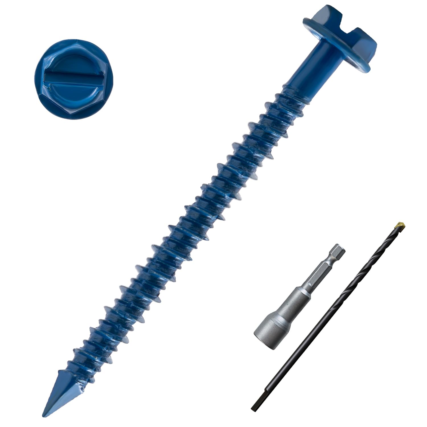 LIONMAXConcrete Screw Anchor, 50-PCS 3/16" x 2-1/4" Hex Head Concrete Screws for Masonry, Block or Brick, Diamond Tip, Rust Resistant Blue Coated Masonry Screws, 1 Hex Socket and 1 Drill Bit