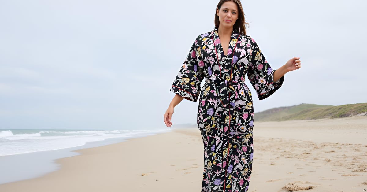 CRAFT KALA Women's Kimono Robe Long Robes with Peacock and Blossoms Printed Kimono Nightgown - Image 4
