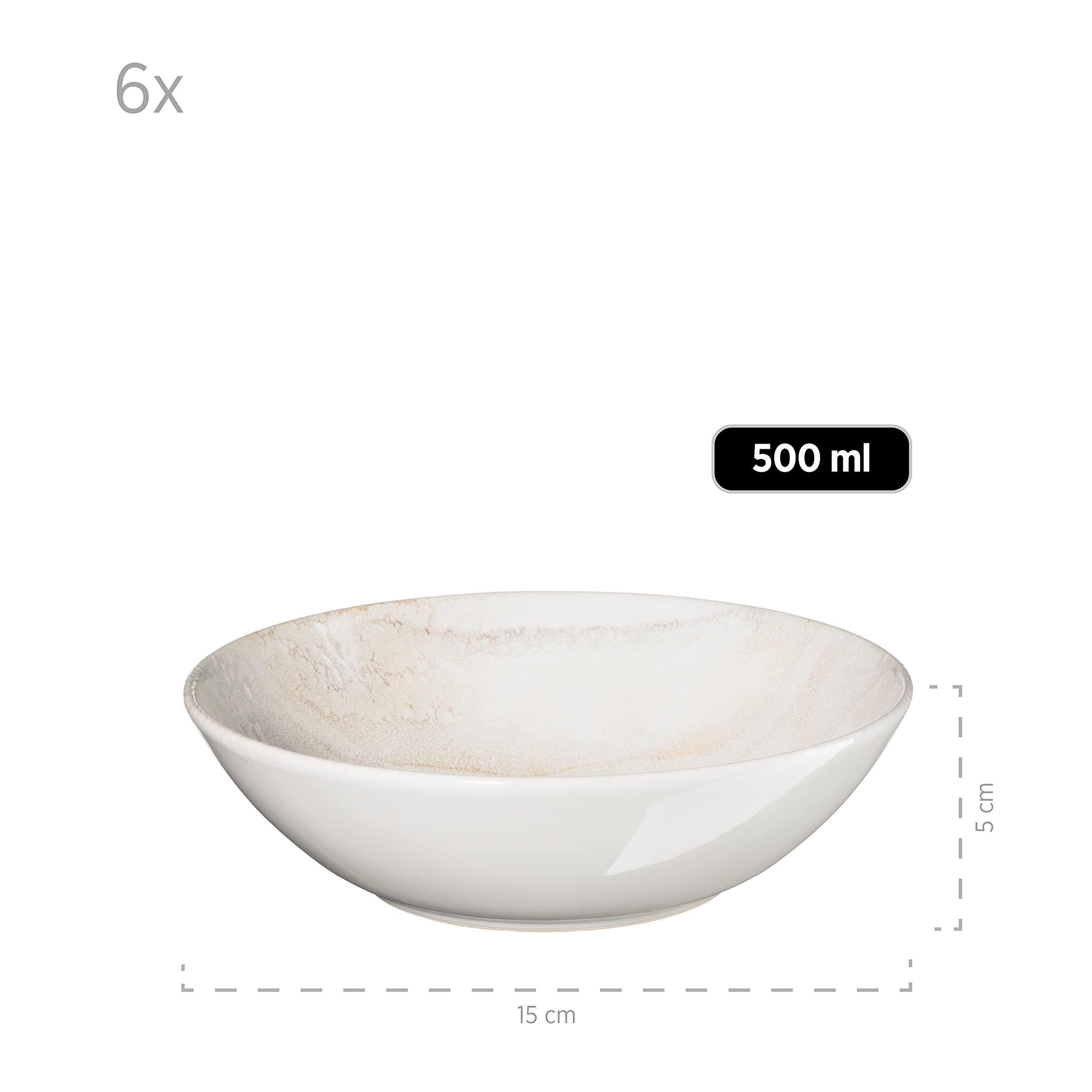 MÄSER 931948 Ossia Wooden Light, 7-teiliges Bowl Set aus Keramik, 1 Salat-Schüssel groß und 6 Schalen für Salat, Müsli, Suppe oder Pasta, Weiß dekoriert, Steinzeug