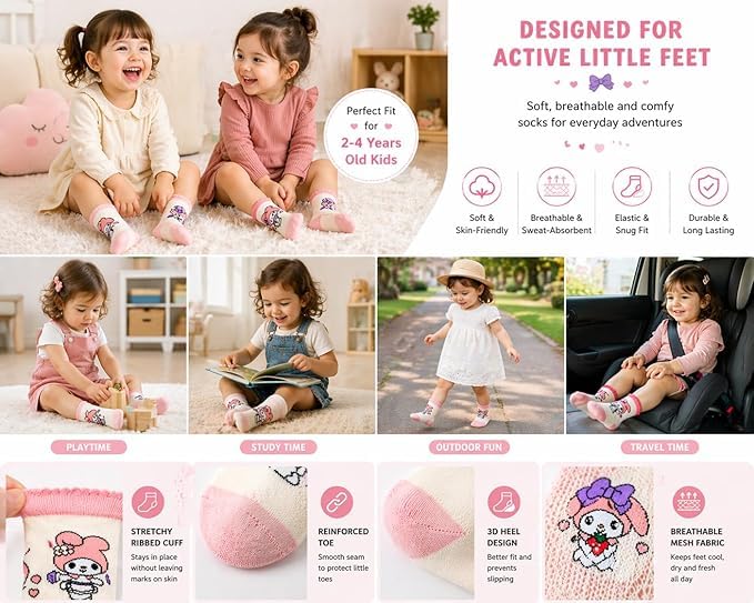 MAAGHI Children's Socks Cute Cartoon Dolls Baby Socks Boys Girls Casual Socks Anti Slip Loose Mouth Pure Cotton Kids Floor Socks (IN, Age, 4 Years, 6 Years, GIRLY PINK-Socks) 4
