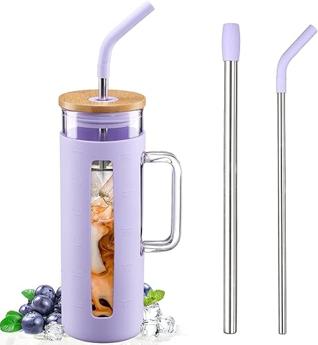 Kodrine Vaso con tapa y pajilla, vaso de vidrio para café de 20 onzas con asa, taza para batidos con tapa de bambú, marcador de tiempo, funda