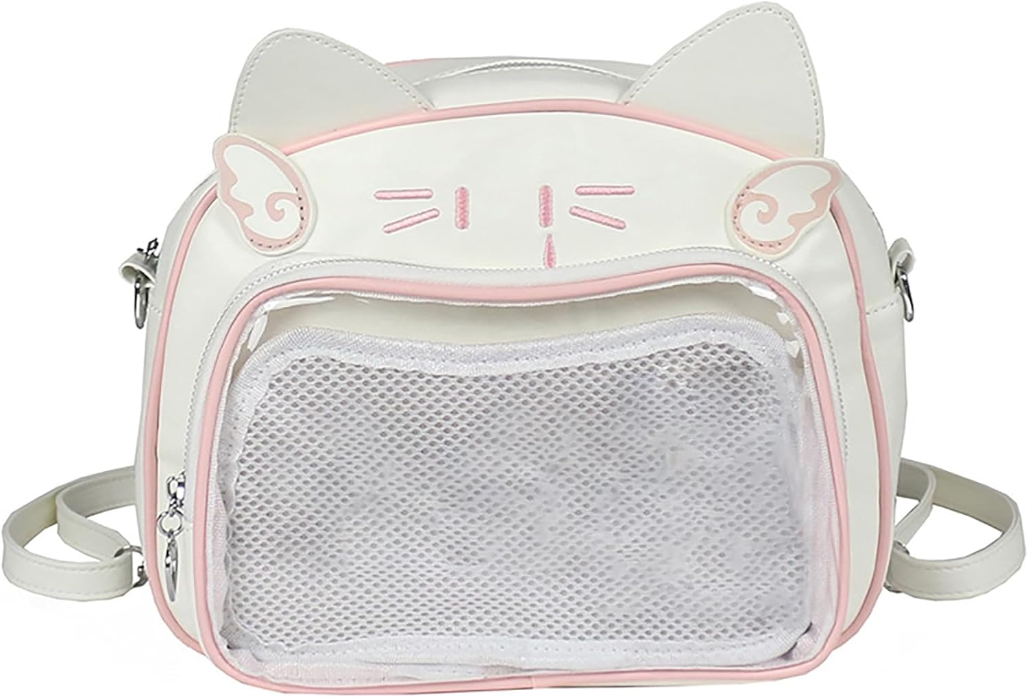 Japanese Anime Cats Itabag PU Backpack for Women and Teen Girls Pin Display Clear Crossbody Bag with Adjustable Straps, White and Pk, 26x13x22cm