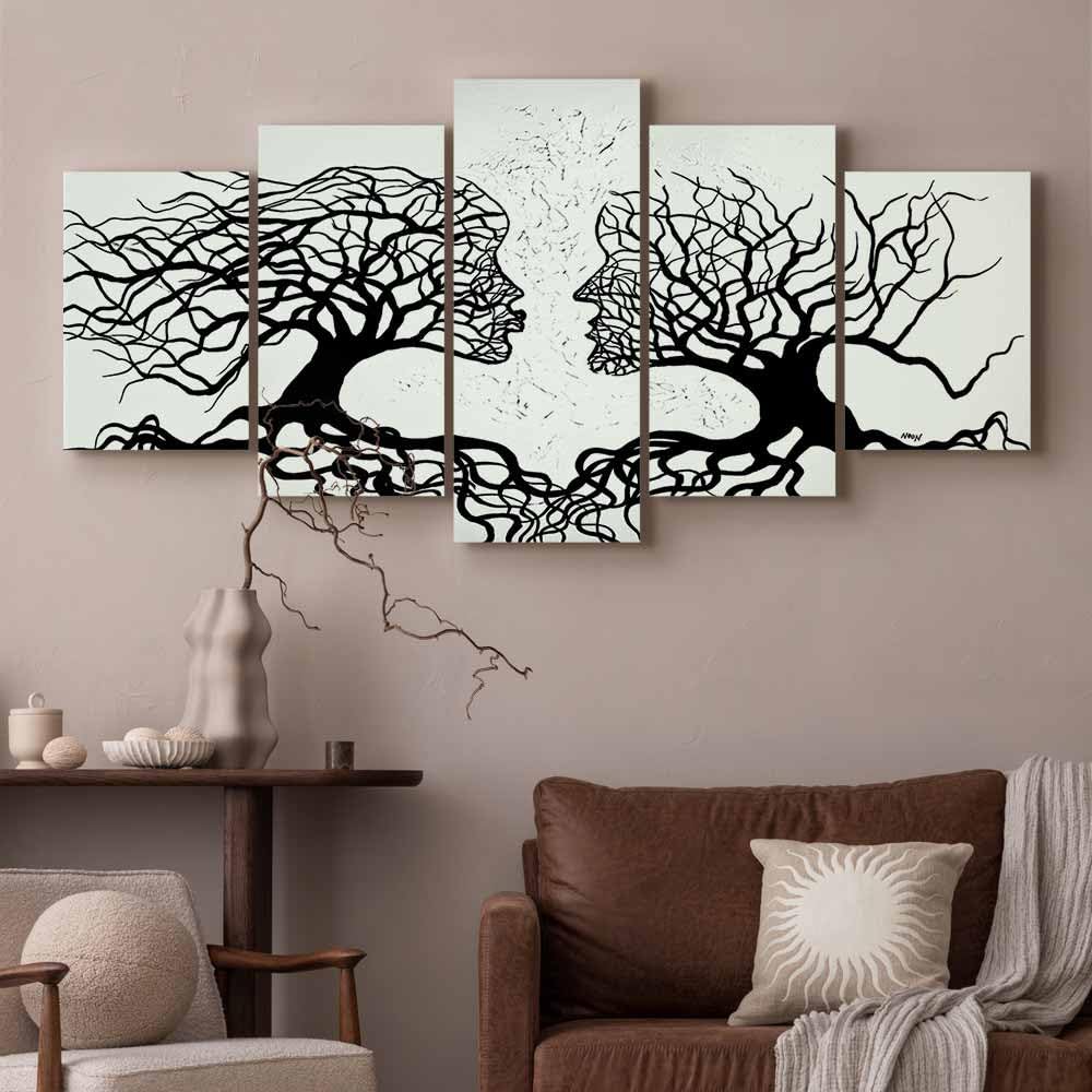 Cuadros B&D XXL - Cuadro en Lienzo Abstracto Personas 200x100 Impresión de 5 Piezas Material no Tejido Cuadros Grandes para Dormitorios Impresión Decoracion de Pared Arbol Blanco Negro a-A-0104-b-m